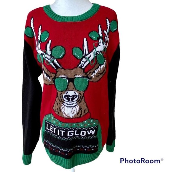 Ugly Christmas Sweater Other - Ugly Christmas Sweater Let It Glow With Reindeer and Antlers Men Size Medium